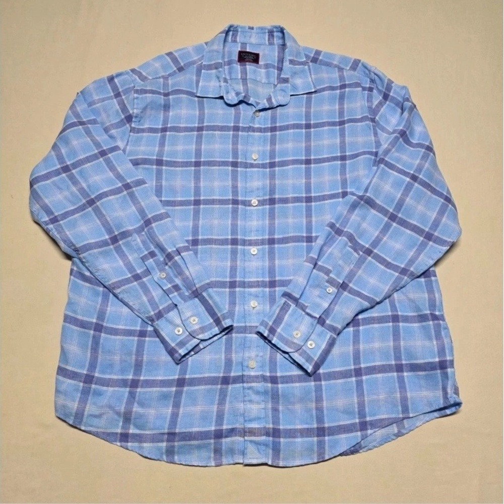 UNTUCKit Men XL Blue Plaid Linen Long Sleeve Wrinkle Resistant Button Up Relax